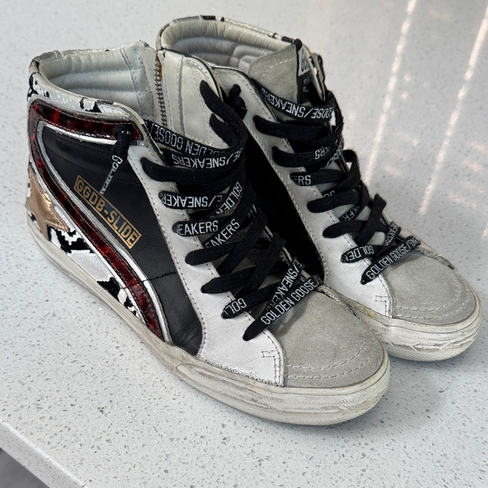 Golden Goose Slide Black and White High-Tops with Gold Accents